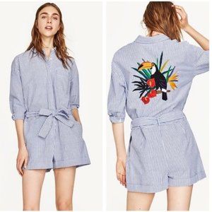 ZARA SEERSUCKER EMBROIDERED TOUCAN SHORTS ROMPER